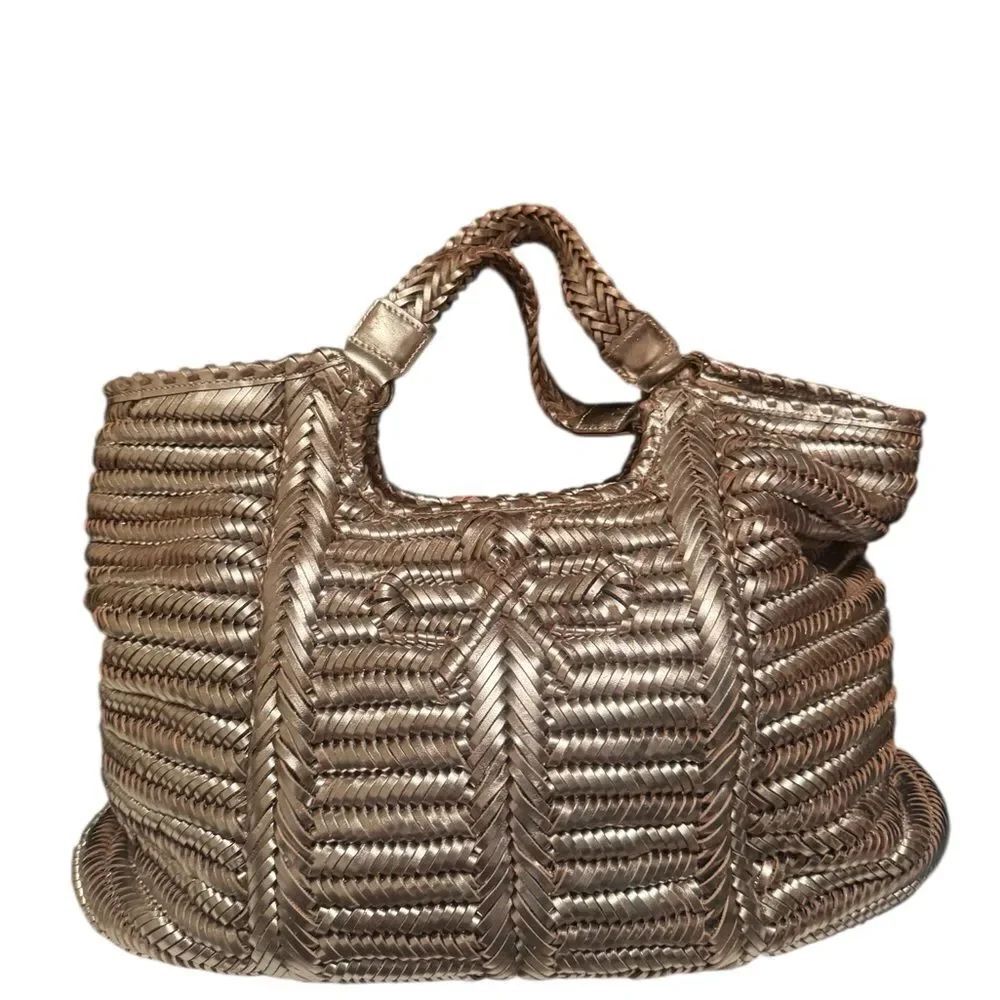ANYA HINDMARCH Metallic Gold Woven Leather Large Neeson Tote Bag